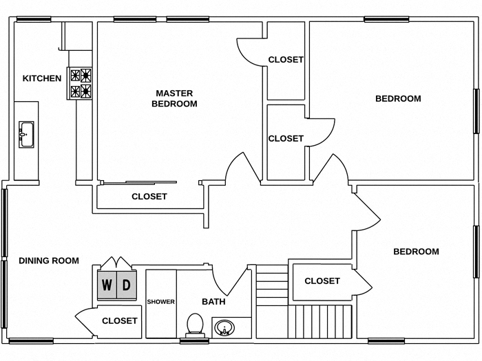 Floor plan for 3 beds, 1 bath, 875 sqft